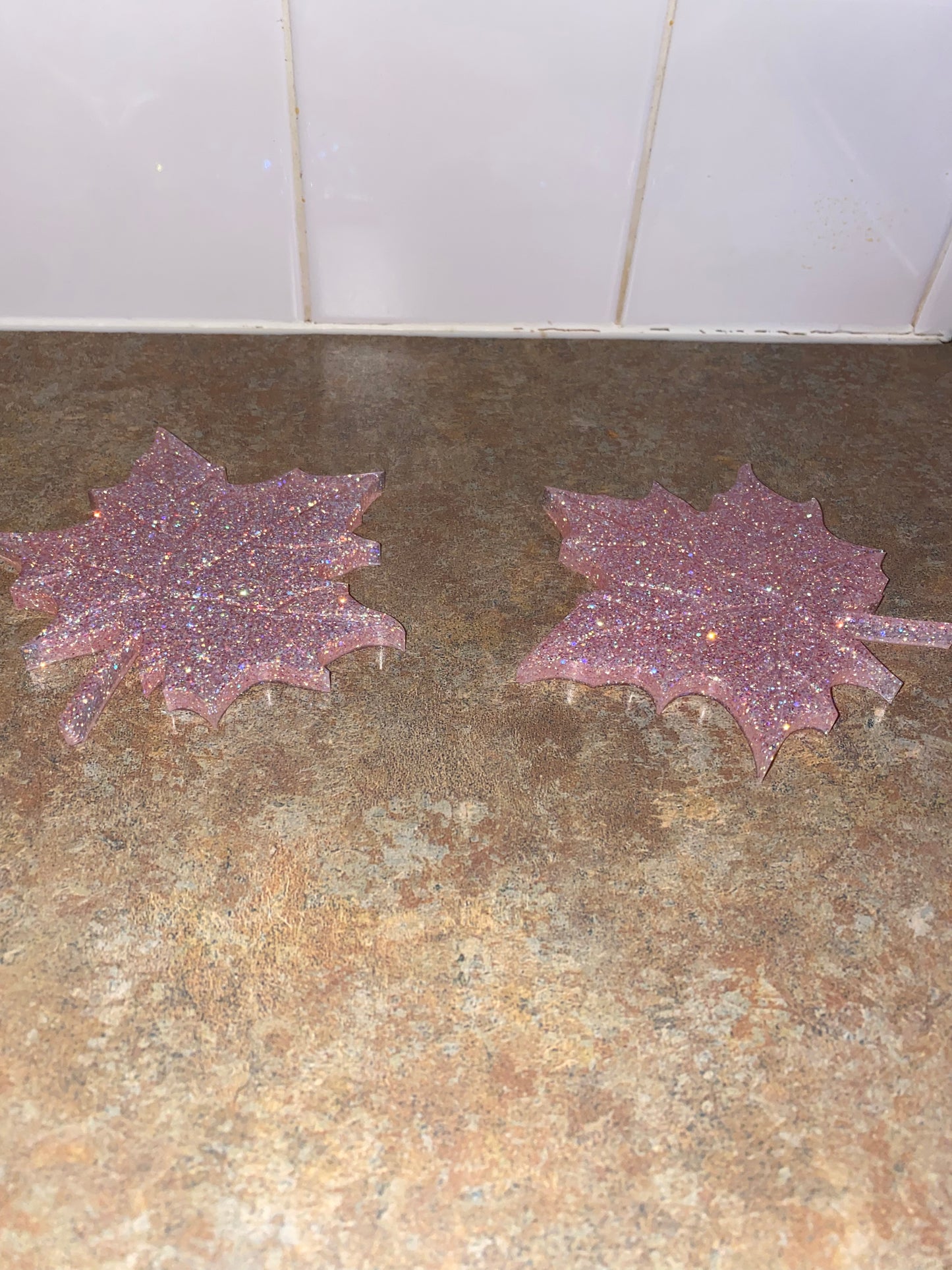 Pink Glitter Leaf Coaster