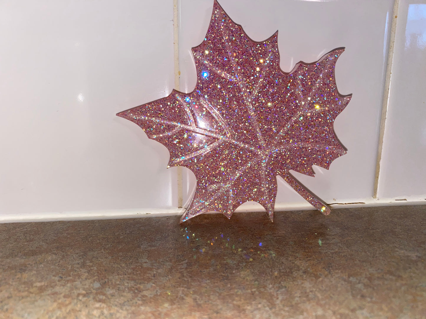 Pink Glitter Leaf Coaster